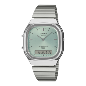 Front view of the silver CASIO wristwatch AQ-240E-2AEF with light blue dial