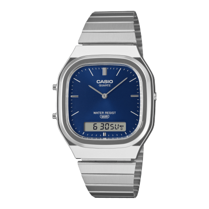 Front view of the silver wristwatch AQ-240E-2A2 of the CASIO VINTAGE COLLECTION with dark blue dial