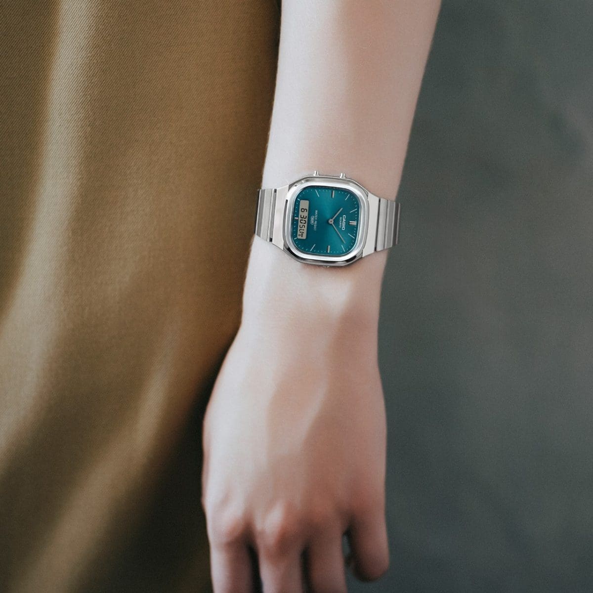 The AQ-240E-3AEF on a woman's wrist