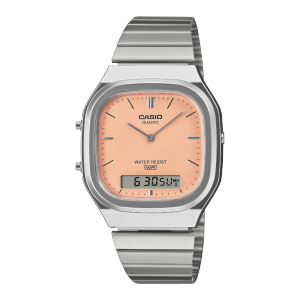 Front view of the silver CASIO wristwatch AQ-240E-4AEF with a matte orange dial