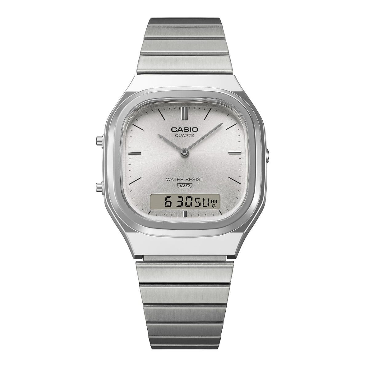 Front view of the AQ-240E-7AEF with a shimmering silver dial