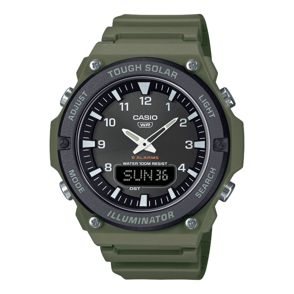 Front view of the AQ-S820W-3BVEF with black dial and dark green strap