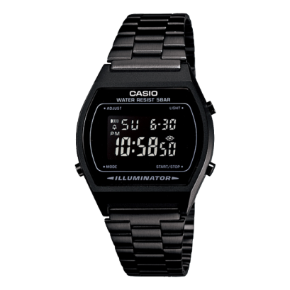 A product image of the CASIO Vintage Collection watch B640WB-1B with black ion-plated strap and black digital display
