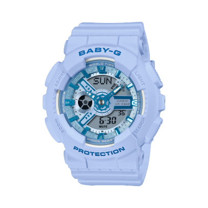 Product image of the light blue BABY-G wristwatch with analogue and digital display and solid case