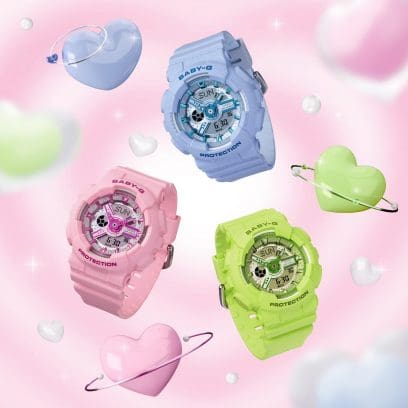 Clockwise from the top, three BABY-G wristwatches can be seen: BA-110YK-2A in light blue, BA-110YK-3A in light green, BA-110YK-4A in pink.