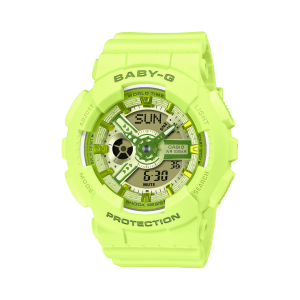 Front view of the light green BABY-G wristwatch BA-110YK-3A-MAN with analog-digital dial