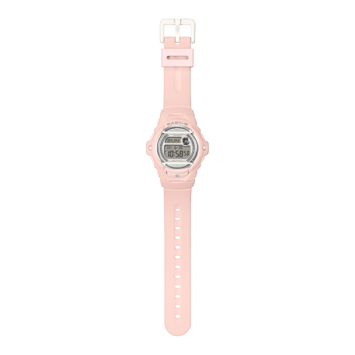 Overall view of the pink BABY-G BG-169KB-4ER wristwatch with a white clasp and white lugs on the case