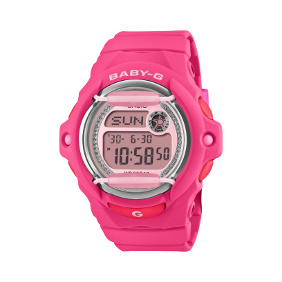 Front view of the pink BABY-G wristwatch BG-169KB-4B1ER with a ring of rhinestones around the dial.