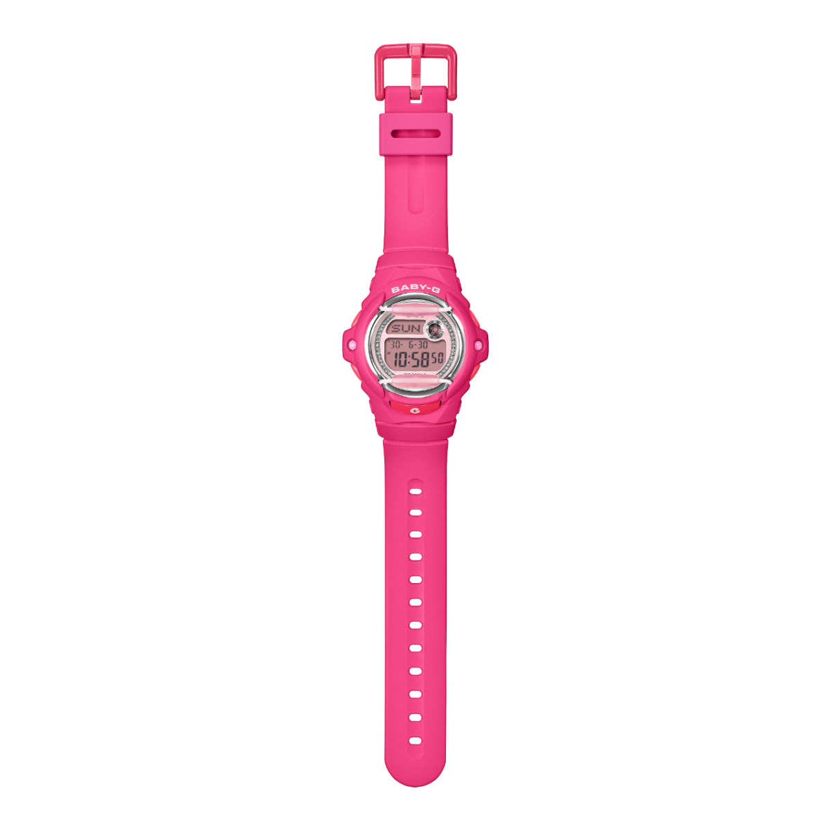 Full view of the pink BABY-G digital watch BG-169KB-4B1ER with a pink dial