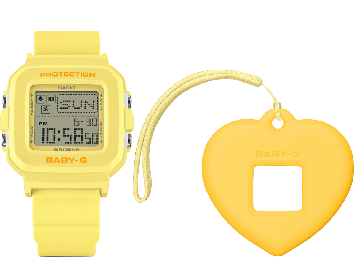 Front view of the yellow BGD-10KH-9ER next to the heart-shaped case in the same color
