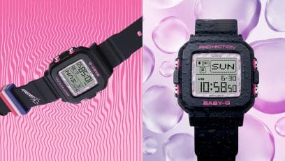 BGD-10KMM-1 wristwatch in front of a wave-like background and water bubbles.