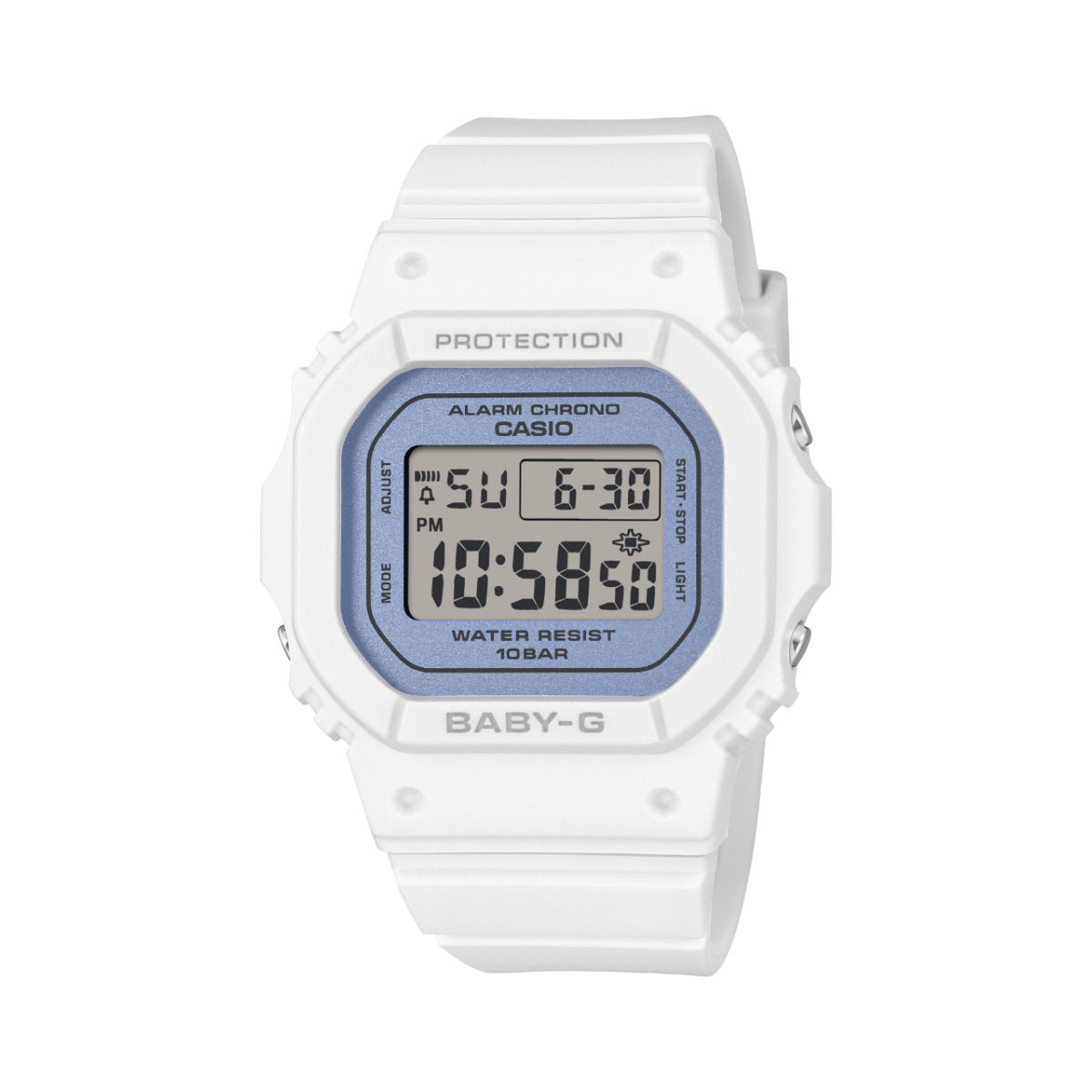 Front view of the white BABY-G wristwatch BGD-565SC-2BER with a blue glittery dial