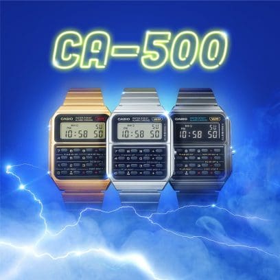 Three CASIO Vintage Collection watches: CA-500 with gold, silver and black bracelet against a blue background