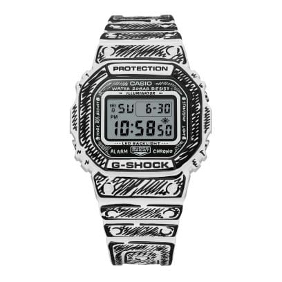 The white comic-style lines can be seen on the strap, case, and bezel of the DW-5600JV-7 digital watch.