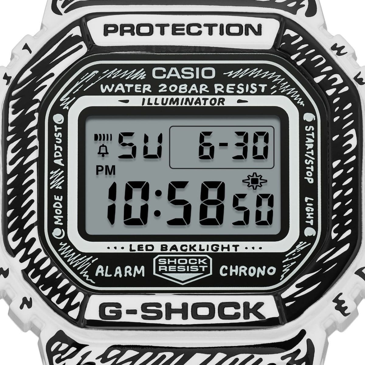 Close-up of the digital display of the G-SHOCK DW-5600JV-7 wristwatch with date and time display.