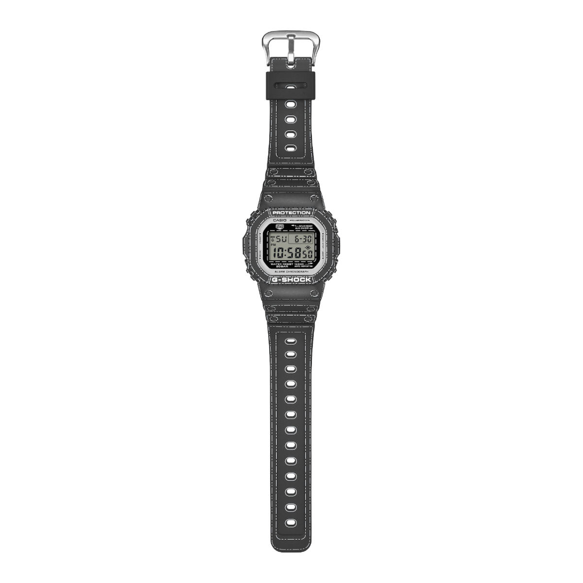 Overall view of the DW-5600RGM-1ER with open bracelet and silver clasp.