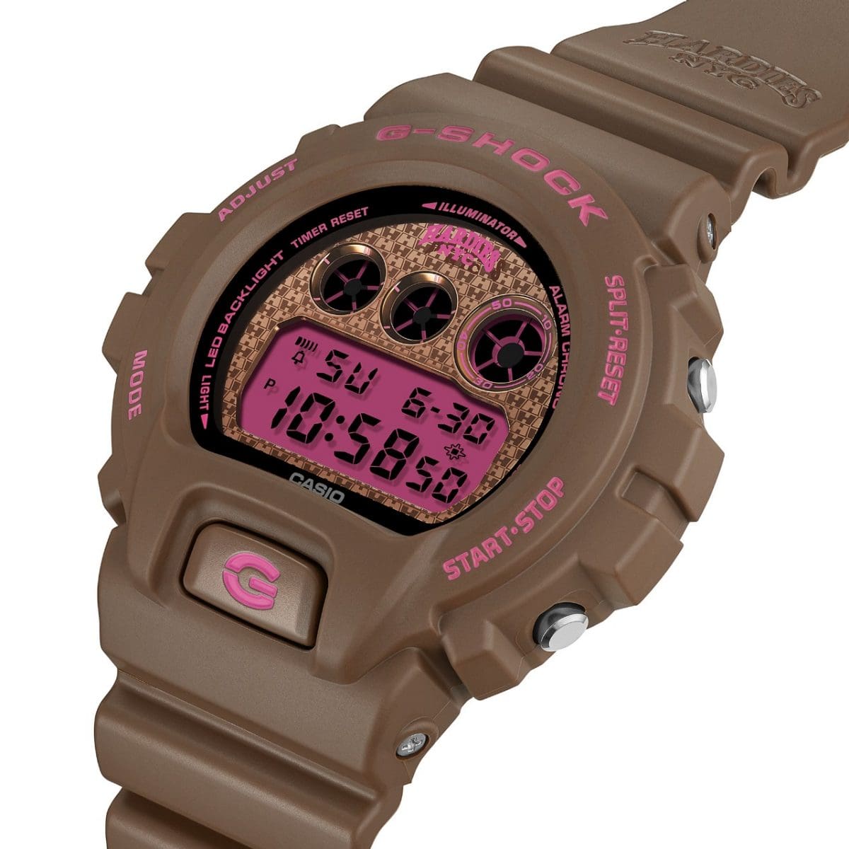 A side view of the DW-6900HH-5ER. The Hardies NYC logo is printed in pink at the top of the dial.