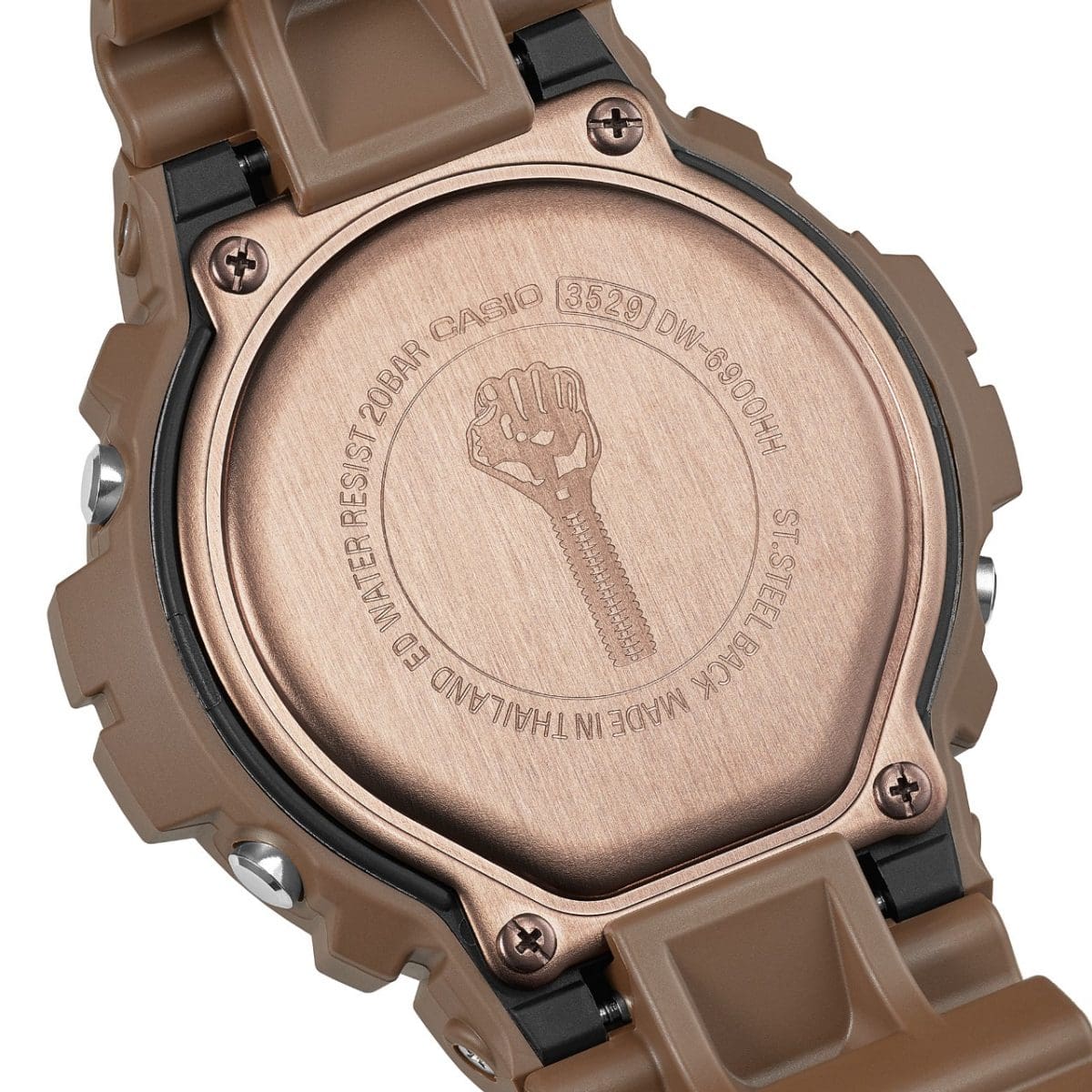 The hand axe logo is engraved on the metallic brown back of the DW-6900HH-5ER.