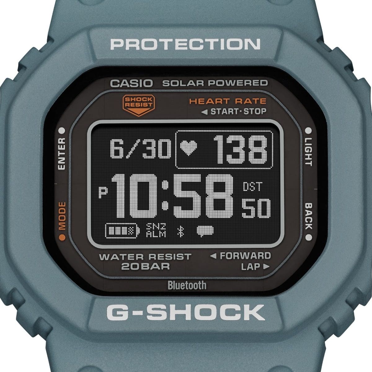 Close-up of the digital display of the DW-H5600-2 sports watch showing, among other things, the time, heart rate monitor and battery level