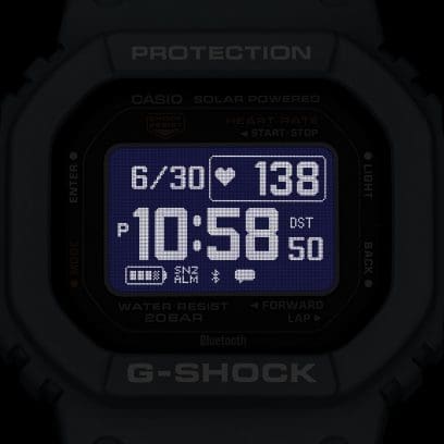 The DW-H5600-2 wristwatch in the dark with glowing display light