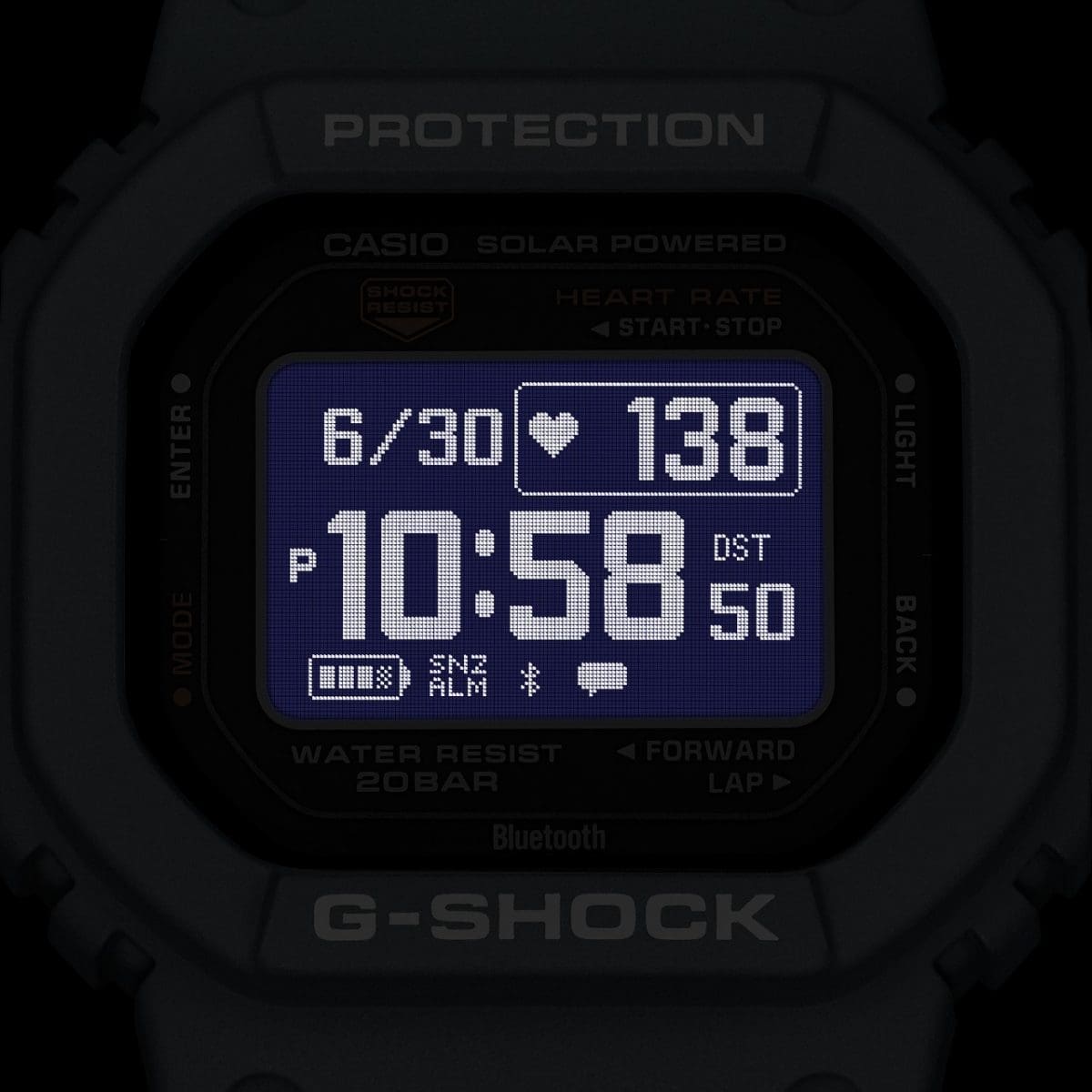 The DW-H5600-2 wristwatch in the dark with glowing display light