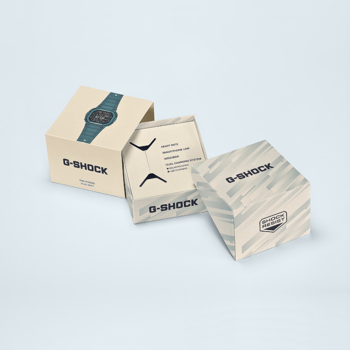 The packaging components of the G-SHOCK DW-H5600-2 solar watch.