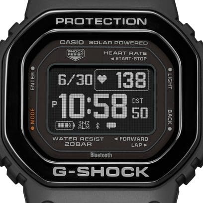 Close-up of the digital display of the DW-H5600MB-1 wristwatch with integrated heart rate monitor