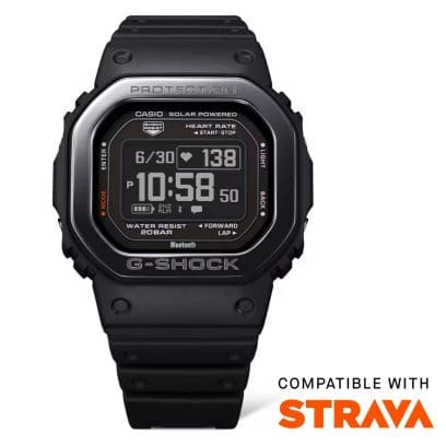 DW-H5600MB-1 wristwatch next to the ‘compatible with Strava’ logo