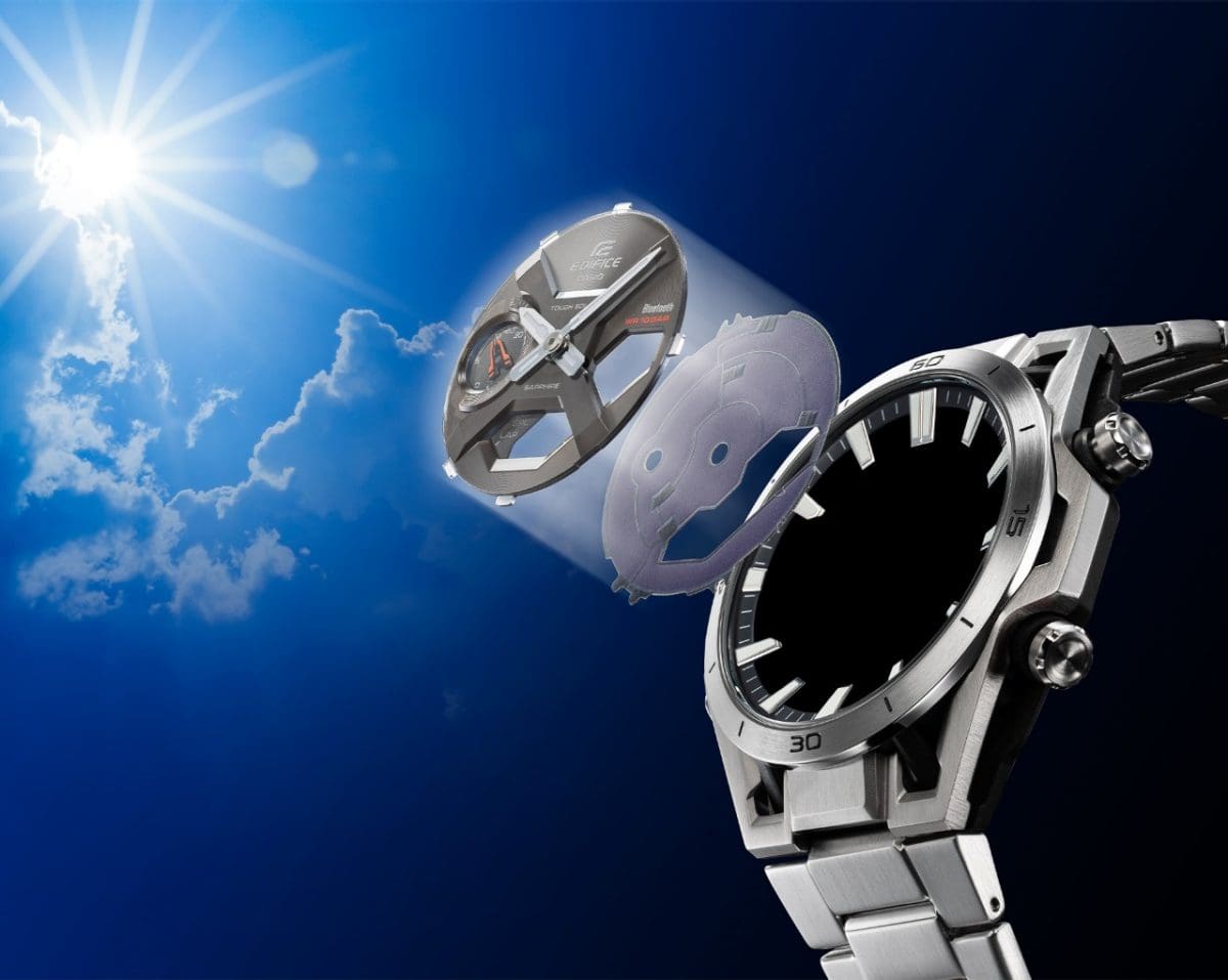 Illustration of the solar panel of the ECB-2300HR-1A. A sun in a blue sky can be seen in the upper left corner.