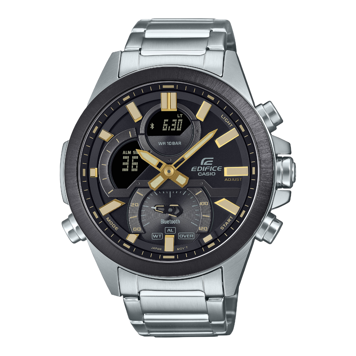The Edifice ECB-30DB-1A9 with silver strap and black and gold analogue case and dial