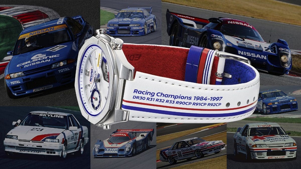 The ECB-S10NIS-7AER with a closed strap and various race cars in the background. The strap features the racing legends from 1984 to 1997.