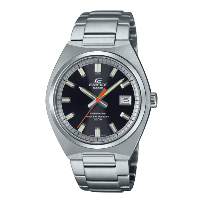 Front view of the EFB-109D-1AVEF with black dial and silver case and bracelet. The second hand stands out in red from the other hands.