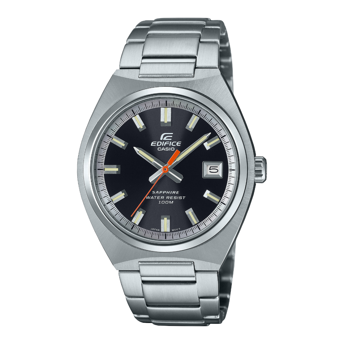 Front view of the EFB-109D-1AVEF with black dial and silver case and bracelet. The second hand stands out in red from the other hands.