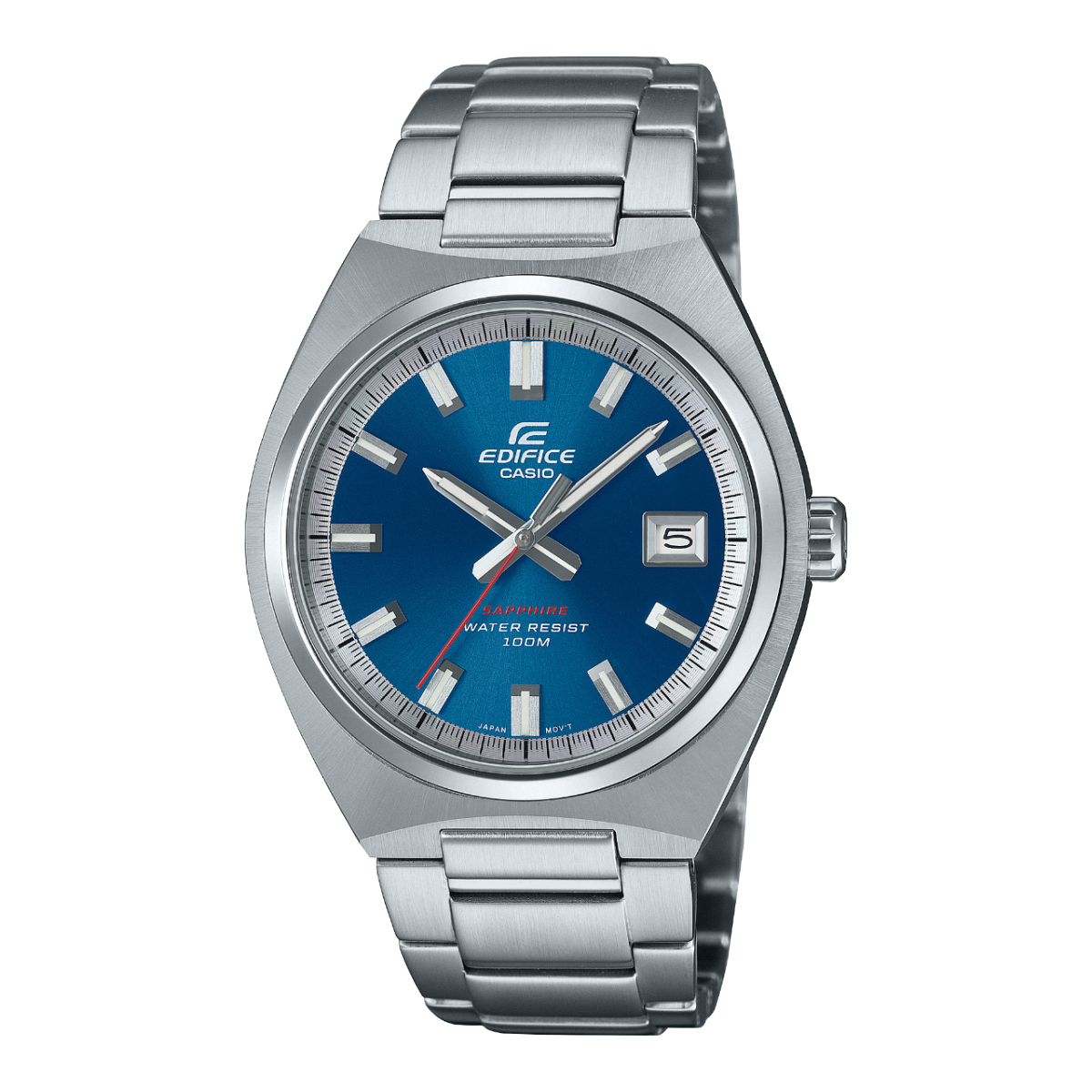 Front view of the EFB-109D-2AVEF with blue dial and silver case and bracelet.