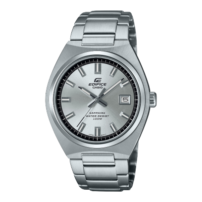 Front view of the EFB-109D-7AVEF with silver dial and silver case and bracelet.