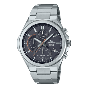 The EFB-700D-8AV chronograph from EDIFICE with a black, analogue dial and silver-coloured link bracelet