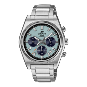 Front view of the silver EFB-730D-2BVUEF with light blue dial