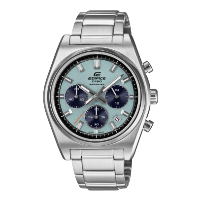 Front view of the silver EFB-730D-2BVUEF with light blue dial