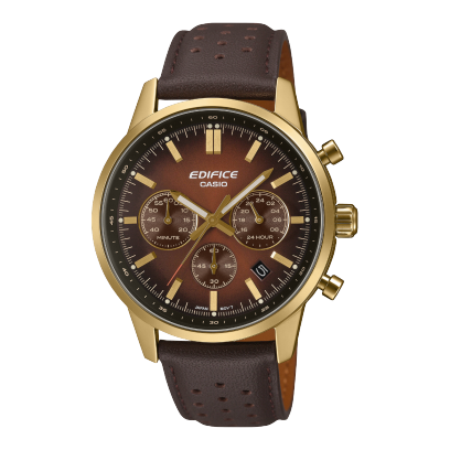 Front view of the EDIFICE wristwatch EFR-575CL-5AEF with brown leather strap, gold case and a brown gradient on the dial from the center outwards.