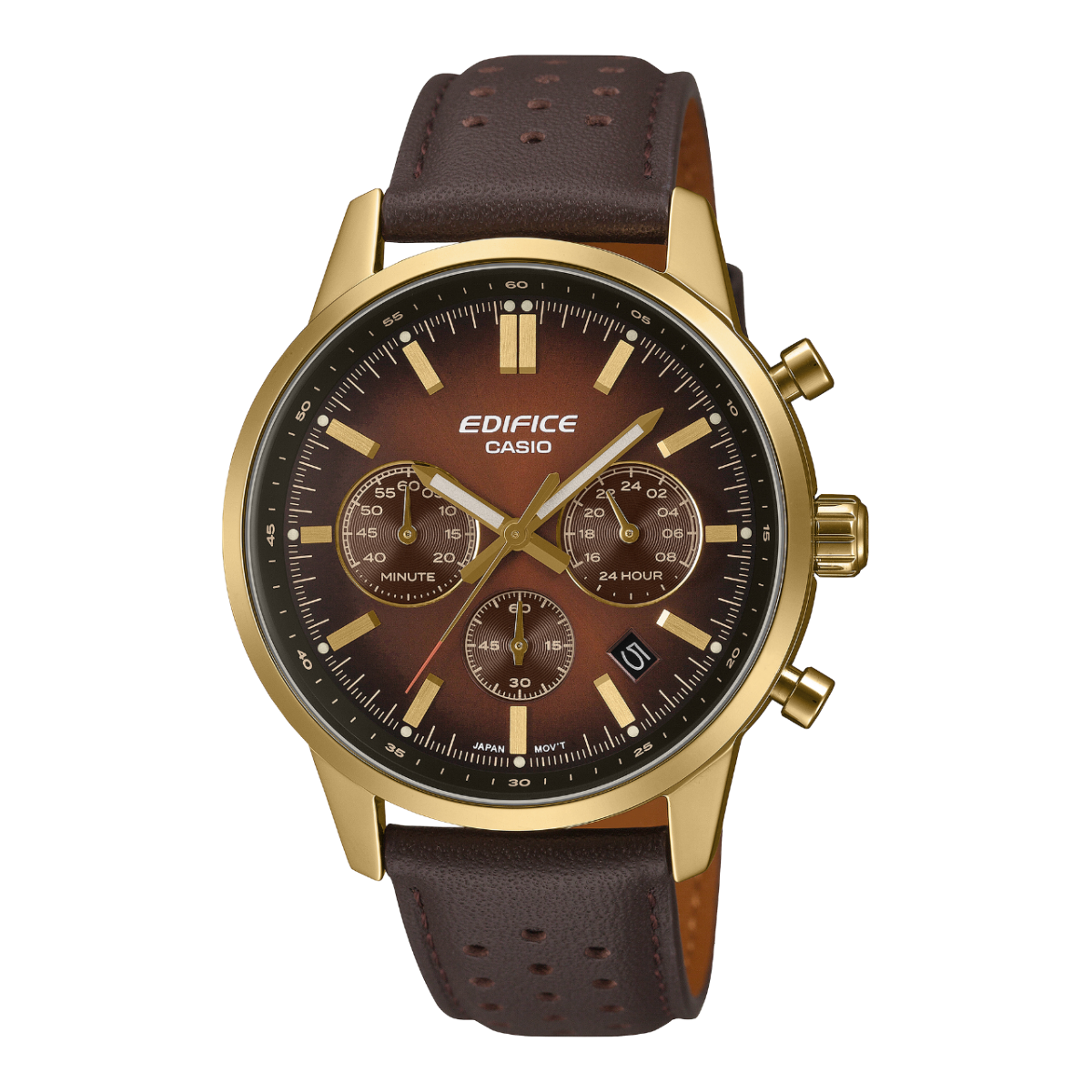 Front view of the EDIFICE wristwatch EFR-575CL-5AEF with brown leather strap, gold case and a brown gradient on the dial from the center outwards.