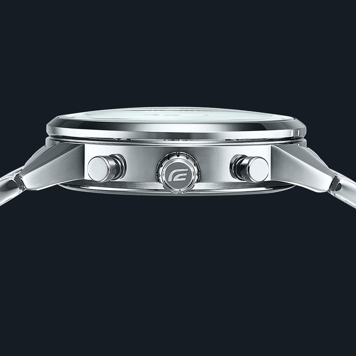 Side view of the stainless steel watch EFR-575D-4AEF with slightly domed glass over the dial.
