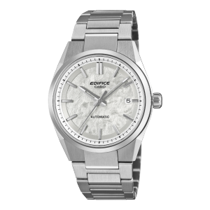 Front view of the silver analog watch EFK-110D-7AER from EDIFICE with a white dial