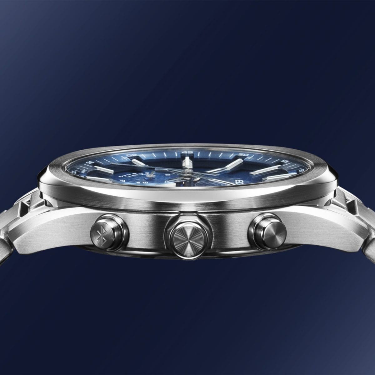 Side view of the EQB-1300D-2AEF analog watch showing the side buttons of the case.