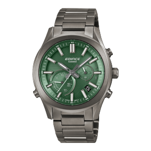 Front view of the EDIFICE wristwatch EQB-1300DC-3AEF with dark grey stainless steel case and strap and green analog dial