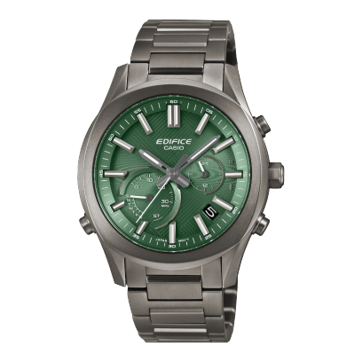 Front view of the EDIFICE wristwatch EQB-1300DC-3AEF with dark grey stainless steel case and strap and green analog dial