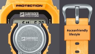 The logo "Surfrider Foundation Japan" appears above the display and on the back of the G-5600SFJ-9. The hashtag #oceanfriendlylifestyle appears on the strap's clip.