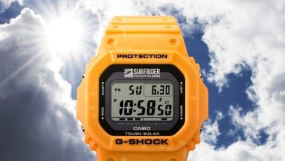 The G-5600SFJ-9 against a cloudy sky with the sun shining through