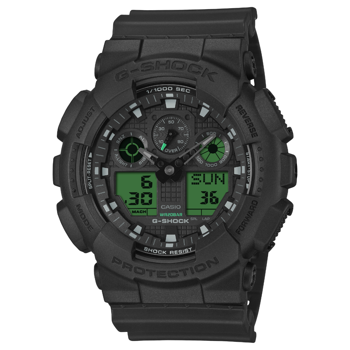 Front view of the black G-SHOCK wristwatch GA-100BEG-1AER with green digital display