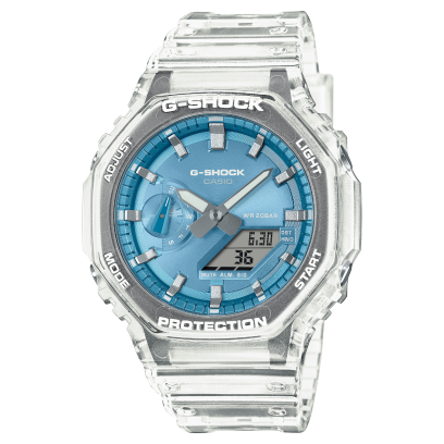 Front view of the transparent GA-2100BM-7A2 with a shiny blue dial