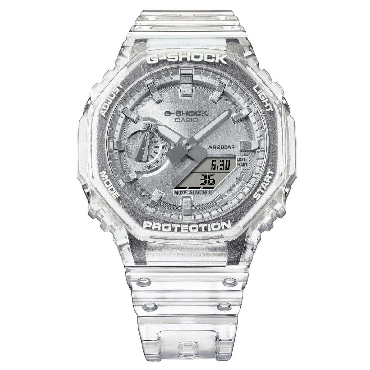 Front view of the GA-2100BM-7A8 with silver indices and white accents through writing and hands